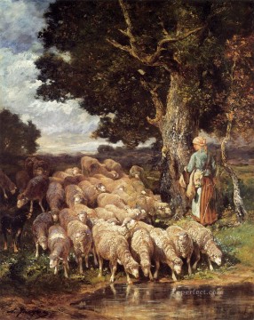 Charles Emile Jacque Painting - A Shepherdess with her Flock near a Stream animalier Charles Emile Jacque